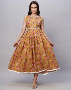 women floral print flared gown dress