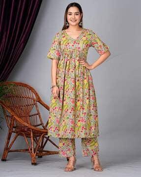 women floral print flared kurta & palazzos set