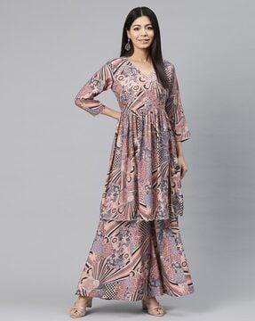 women floral print flared kurta & palazzos set