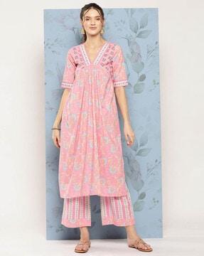 women floral print flared kurta & pants set