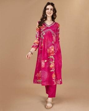 women floral print flared kurta & pants with dupatta