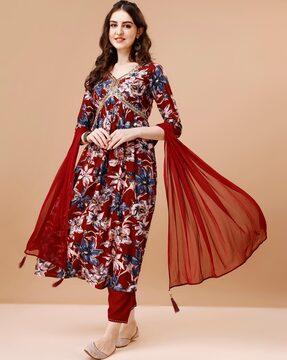 women floral print flared kurta set with dupatta