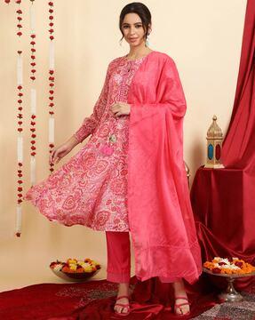 women floral print flared kurta set with dupatta