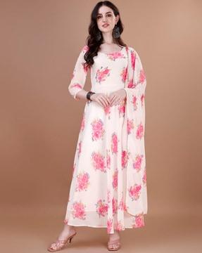 women floral print flared kurta set with dupatta