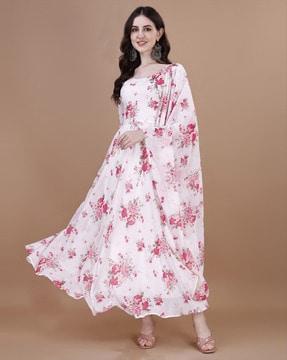 women floral print flared kurta set with dupatta