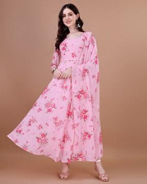 women floral print flared kurta set with dupatta