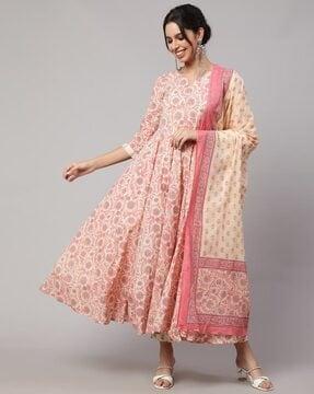 women floral print flared kurta set