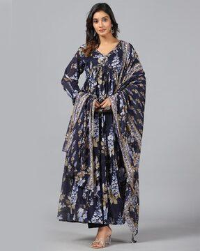 women floral print flared kurta set