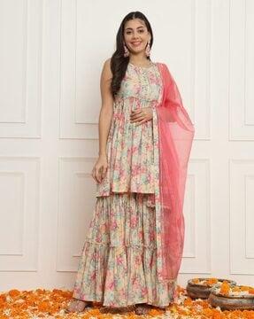 women floral print flared kurta set