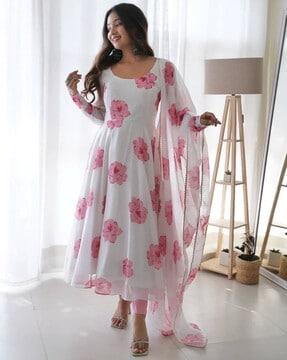 women floral print flared kurta suit set