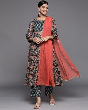 women floral print flared kurta suit set