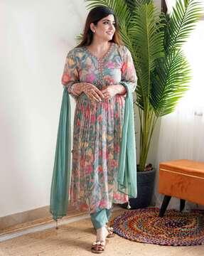 women floral print flared kurta suit set