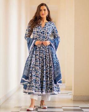 women floral print flared kurta suit set