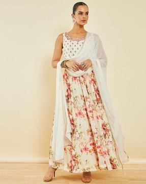 women floral print flared kurta with churidar & dupatta