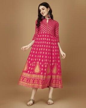 women floral print flared kurta with mandarin collar