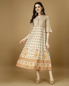 women floral print flared kurta with mandarin collar