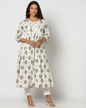 women floral print flared kurta with overlay jacket