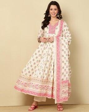 women floral print flared kurta with palazzos & dupatta