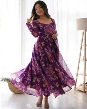 women floral print flared kurta with pants & dupatta