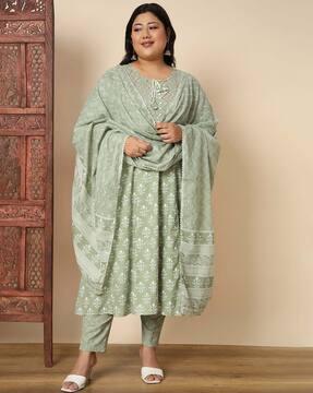 women floral print flared kurta with pants & dupatta