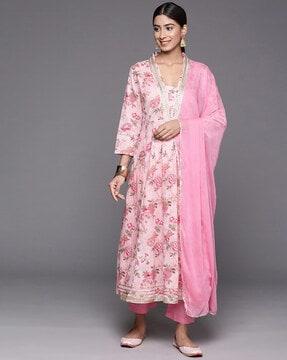 women floral print flared kurta with pants & dupatta