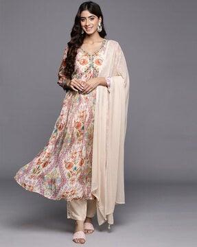 women floral print flared kurta with pants & dupatta