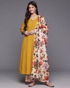 women floral print flared kurta with pants & dupatta