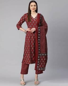 women floral print flared kurta with pants & dupatta