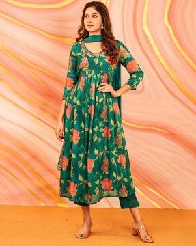 women floral print flared kurta with pants & dupatta