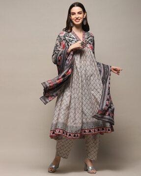 women floral print flared kurta with pants & dupatta