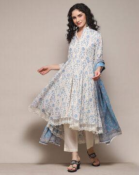 women floral print flared kurta with pants & dupatta