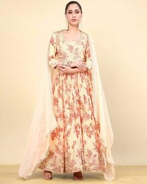 women floral print flared kurta with pants & dupatta