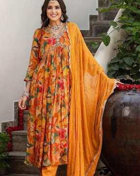 women floral print flared kurta with pants & dupatta