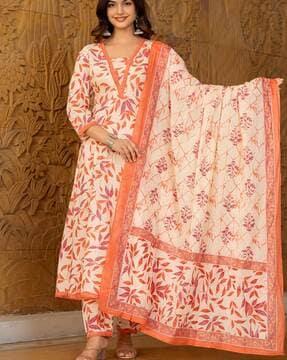 women floral print flared kurta with pants & dupatta