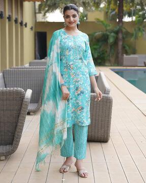 women floral print flared kurta with pants & dupatta