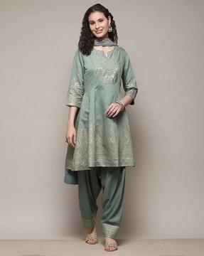 women floral print flared kurta with patiala & dupatta