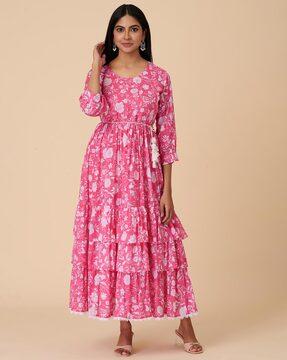 women floral print flared kurta with tie-up belt