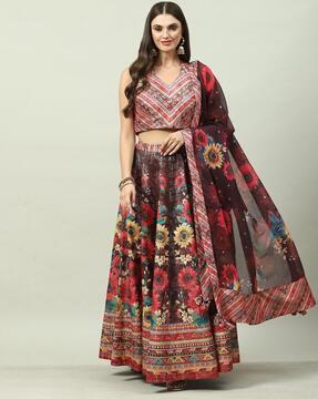 women floral print flared lehenga & choli with dupatta