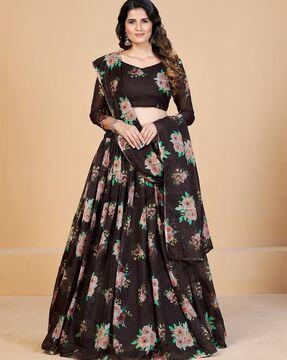 women floral print flared lehenga choli set with dupatta