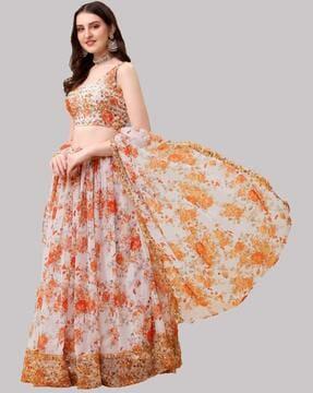 women floral print flared lehenga choli set