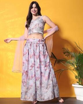 women floral print flared lehenga choli set