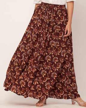 women floral print flared skirt with drawstring waist