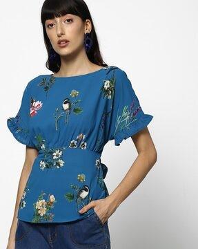 women floral print flared sleeves teal blue peplum top