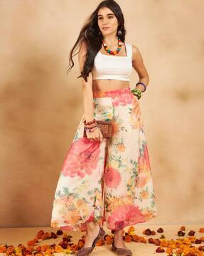 women floral print flat-front palazzos