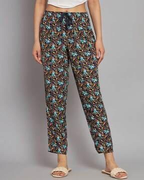 women floral print flat-front relaxed fit trousers with drawstring waist