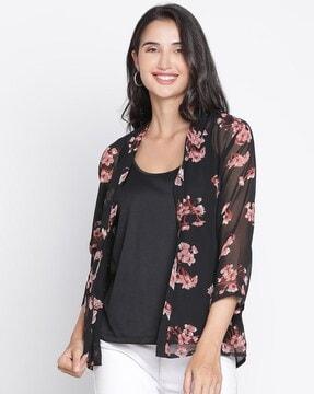 women floral print front open shrug