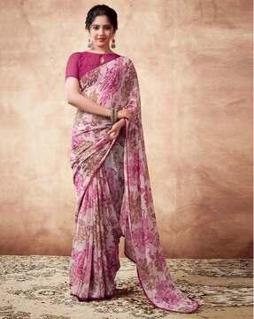 women floral print georgette saree with patch border