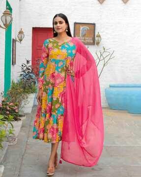 women floral print gown dress with dupatta