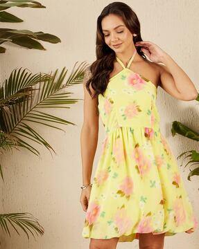 women floral print halter-neck a-line dress