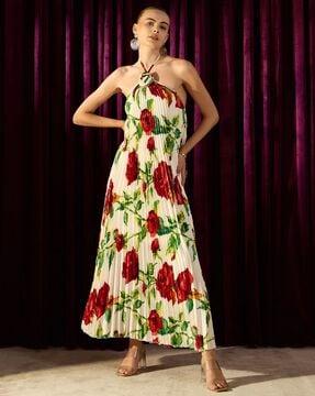 women floral print halter neck a-line dress